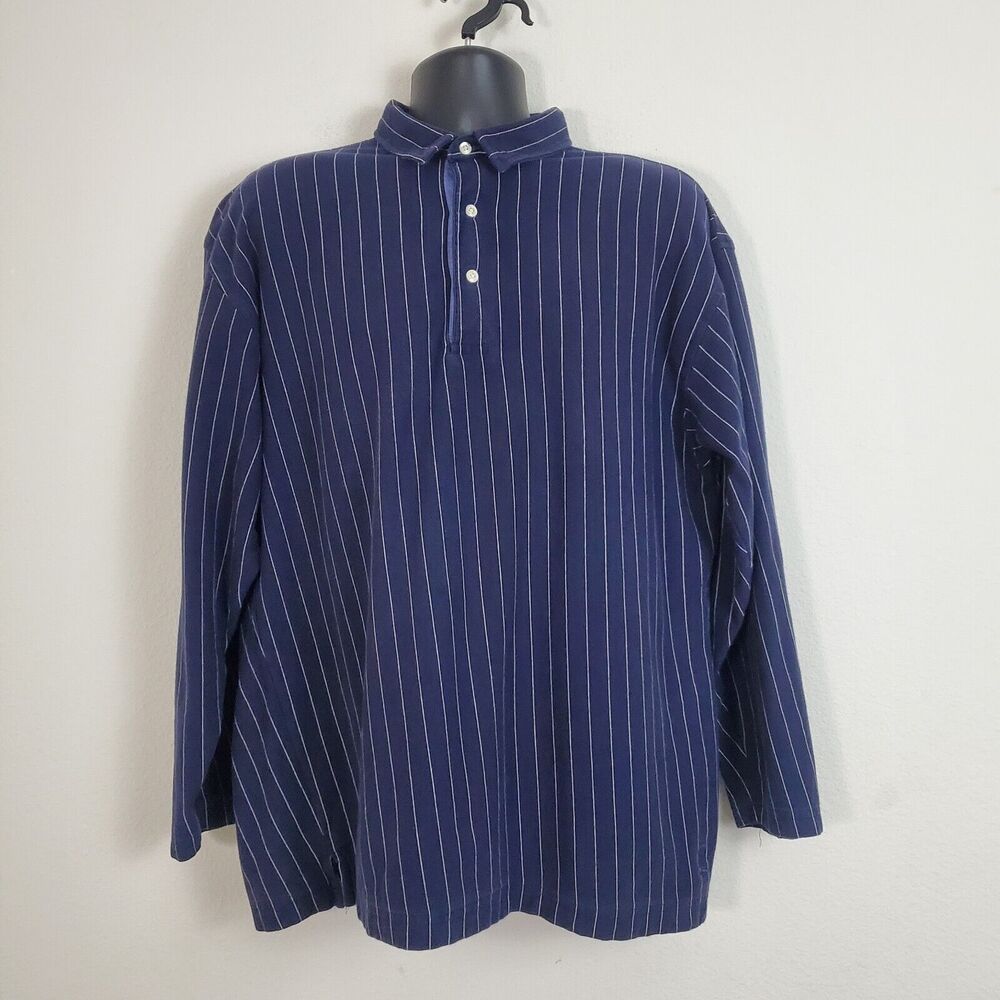 Tommy Hilfiger Polo Top XL Blue Vintage Y2K 90s Striped Preppy Academia Classic